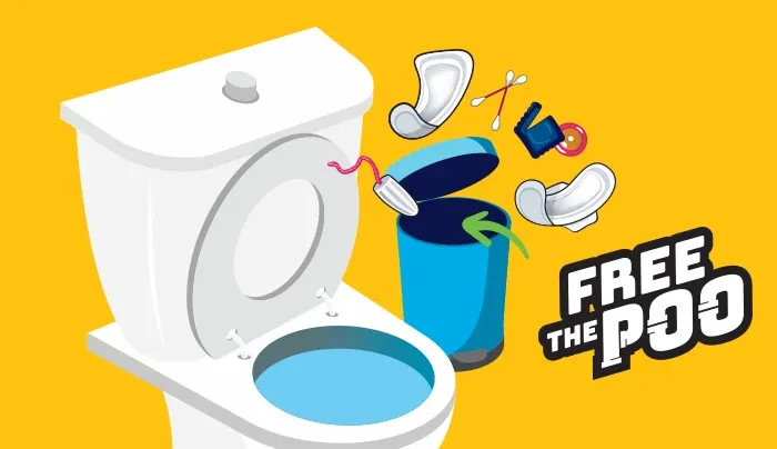 Free the poo logo with a toilet and sanitary bin